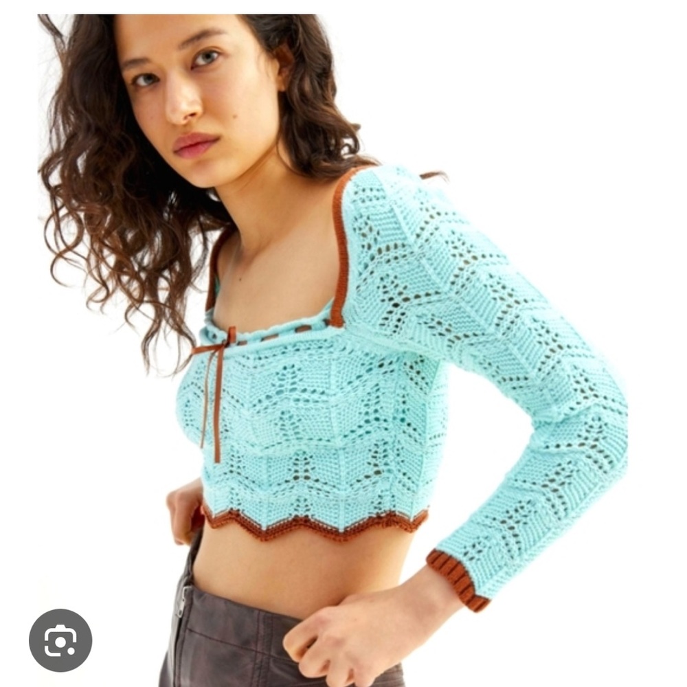 Urban Outfitters Blaire Crochet Crop Top XS Square Neck Blue Brown Trim Knit